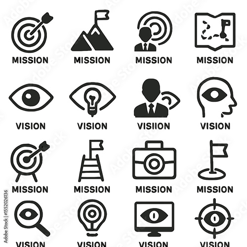 Sixteen Bold Black Icons Depicting Mission and Vision Concepts