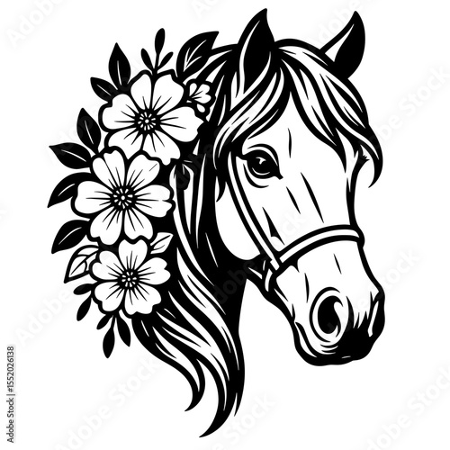 Black horse floral head silhouette vector illustration 