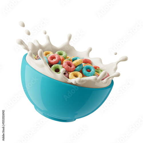 Cereal Splash: A vibrant breakfast scene showcasing a turquoise bowl brimming with colorful cereal rings, as milk splashes with dynamic energy.