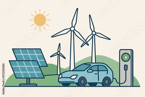 Sustainable Energy Future: Electric Car, Solar Panels, and Wind Turbines.