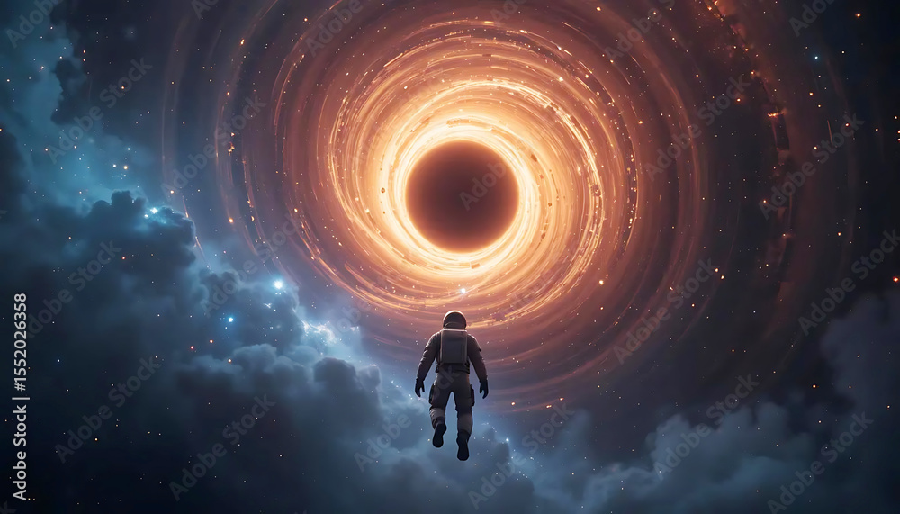 Fototapeta premium Astronaut Floating Near Massive Black Hole with Glowing Accretion Disk Amidst Star-Filled Cosmic Void.