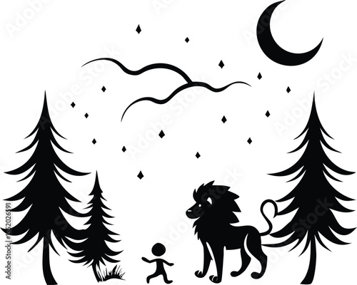 Child and Lion in the Enchanted Forest