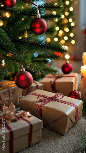Close-up of beautifully wrapped Christmas gifts under a decorated tree with warm candlelight and festive ornaments