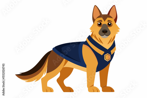 High-quality cartoon illustration of a German Shepherd dog sitting obediently with a friendly expression. Ideal for pet-related designs, educational materials, veterinary branding, dog training conten
