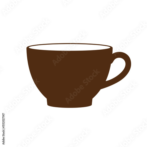 An isolated white ceramic coffee cup with a brown beverage and saucer