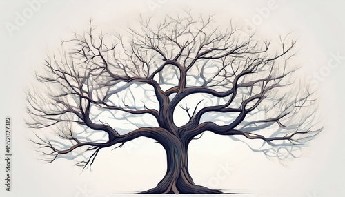 Intricate Illustration of a Leafless Tree with Sprawling Branches Against a Bright Background