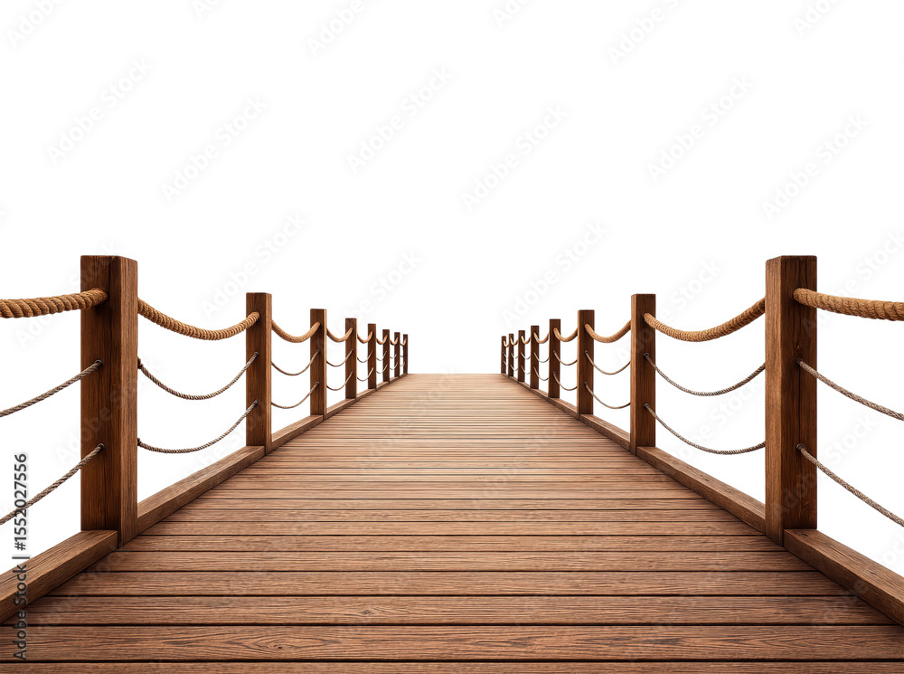 Fototapeta premium Serene Wooden Dock with Rope Railings Leading into the Horizon, Perfect for Evoking Calmness and Reflection, Isolated on Transparent and White Background