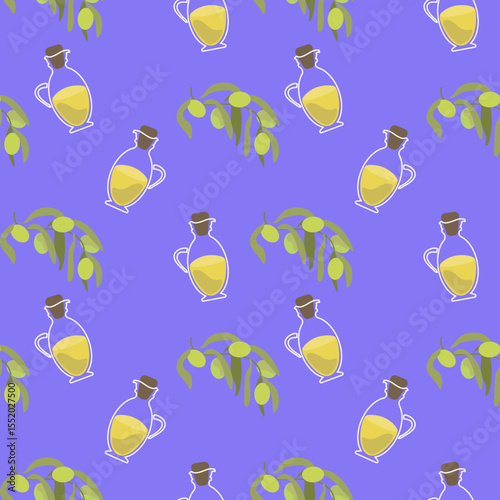 Vector seamless pattern with olive oil jugs and olive branches. Perfect for Hanukkah themes, healthy food, Mediterranean cuisine, organic products, or natural cosmetics design