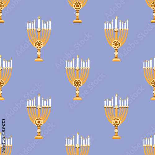 Vector illustration of golden Hanukkah menorah with burning candles and Star of David on a soft blue background. Seamless pattern for Jewish holiday, decoration, textile, wrapping.