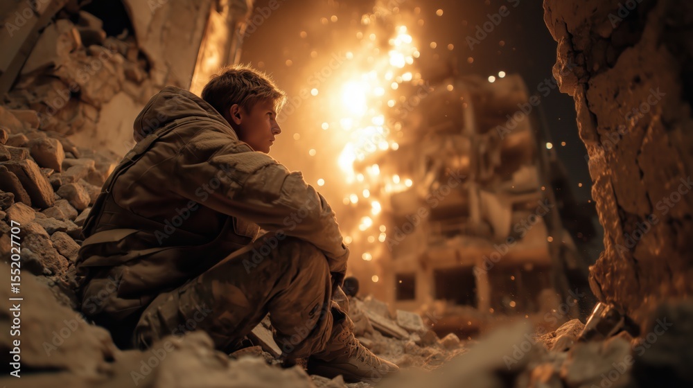 Fototapeta premium Crumbled Urban Warzone with Hiding Survivor