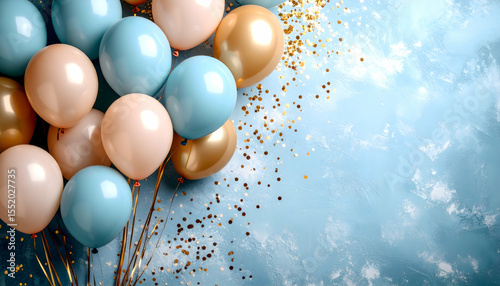 Pastel Balloons with Gold Confetti on Textured Blue Background