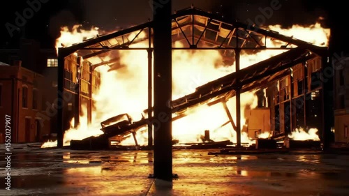 Abandoned Warehouse Burning at Night – Cinematic Industrial Fire Disaster in  HD