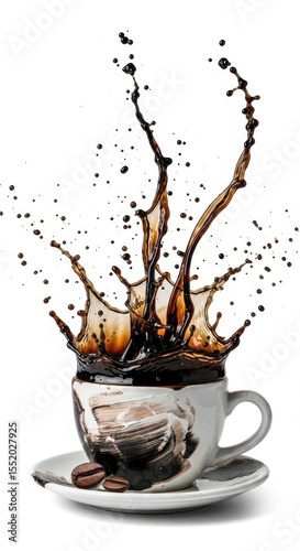 Dark coffee splashes dramatically from a textured cup with beans on a saucer
