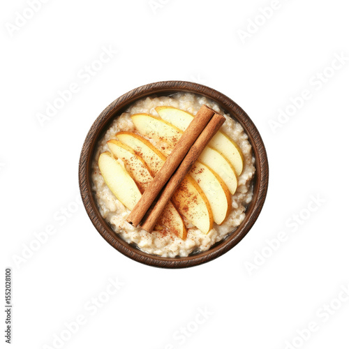 Delicious Oatmeal with Apples and Cinnamon in Wooden Bowl - Top View