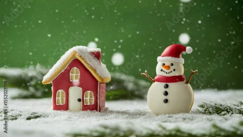 Small Christmas cookies shaped like a snowman and house placed in snow on a vibrant green background