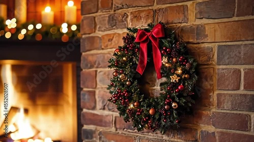 Christmas wreath hanging above a fireplace decorated with festive ornaments and seasonal holiday accents