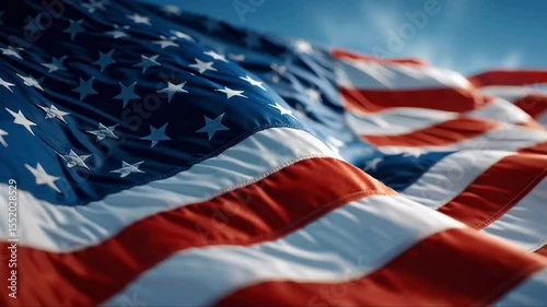 Close up of the american flag waving in the wind against a blue sky