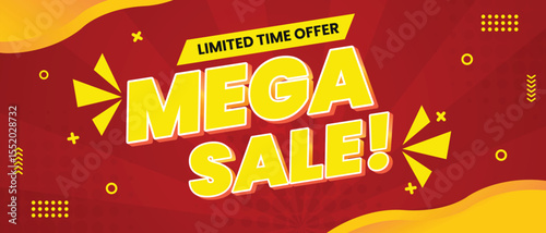 Mega sale banner template in flat trendy memphis geometric style, red and yellow, modern style poster, placard, web banner designs. Vector Illustration.