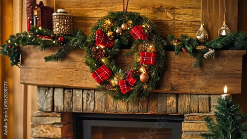 Christmas wreath hanging above a fireplace decorated with festive ornaments and seasonal holiday accents