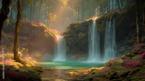 A serene waterfall cascading into a pool in a lush green forest scene