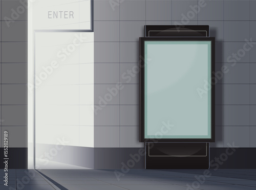 Realistic lightbox mockup, outdoor advertising equipment. Composite material, glass, acrylic. Wall background with tiles. Minimalistic interior, exterior. Vector template for text, picture, commercial
