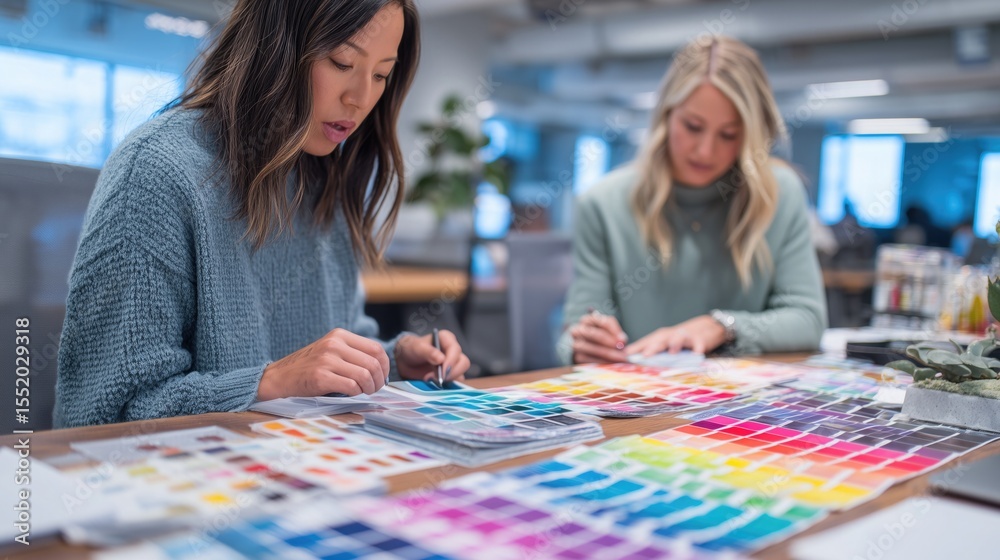 Fototapeta premium Two professional women collaborating on creative design project, discussing colorful color swatches, hues, and palettes at modern office workspace table. Ideal for wallpaper, poster