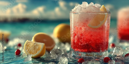 Refreshing summer cocktail with lemon and cherry on a beach at sunset