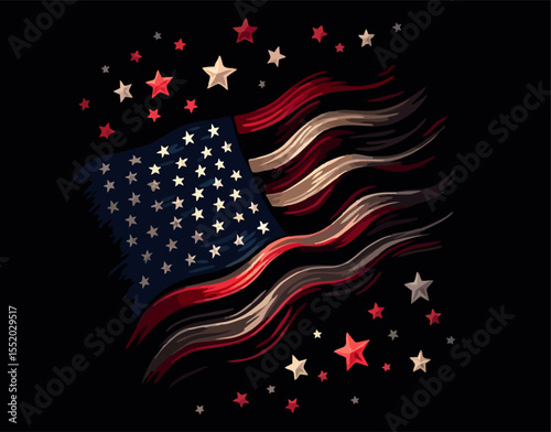Vector design with drawing
of torn national flag of usa is fluttering in wind. 
Fashion t-shirt print. American pattern 
of stars and stripes for textiles, fabric, clothing.