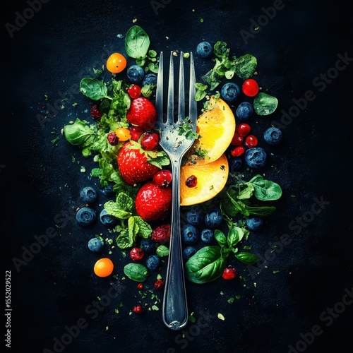 Vibrant assortment of fresh fruits and greens arranged beautifully on a dark background