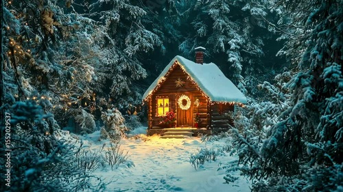 Wooden cabin decorated for Christmas with festive lights and ornaments in a snowy forest surrounded by winter trees