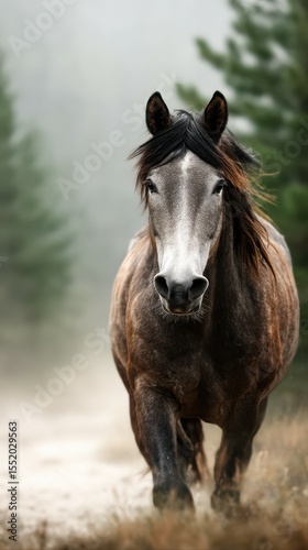Majestic horse galloping through a misty forest in early morning light