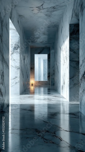 Elegant marble hallway with soft lighting and reflections in a modern architectural space