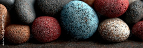 Colorful collection of smooth pebbles arranged on a surface showcasing various textures and hues of nature's art
