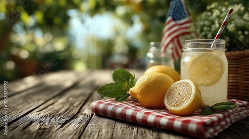 Summer outdoor setting: Glass of lemonade with fresh lemons, American flag, checkered cloth on wooden table. Refreshing patriotic vibe for July 4th, summer picnic, or garden decor. Ideal as wallpaper