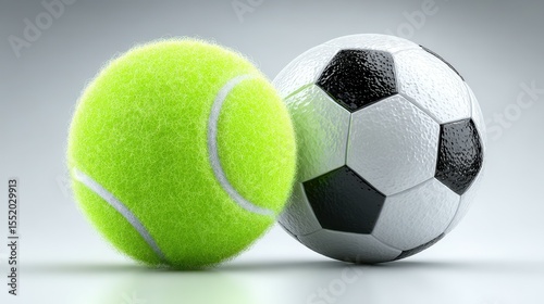 Tennis ball and soccer ball positioned close together on a smooth, neutral background