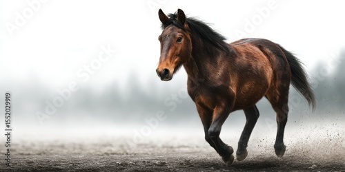 Brown horse runs freely across an open field in a misty landscape during early morning hours