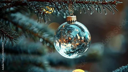Christmas tree toy in the form of a beautiful transparent ball hanging on a dark green lush Christmas tree