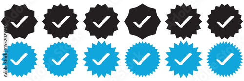 Verified badge profile set. Instagram verified badge. Social media account verification icon. Verified symbol. Blue check mark icon. Profile verified. Checkmark sign. Approval done element collection