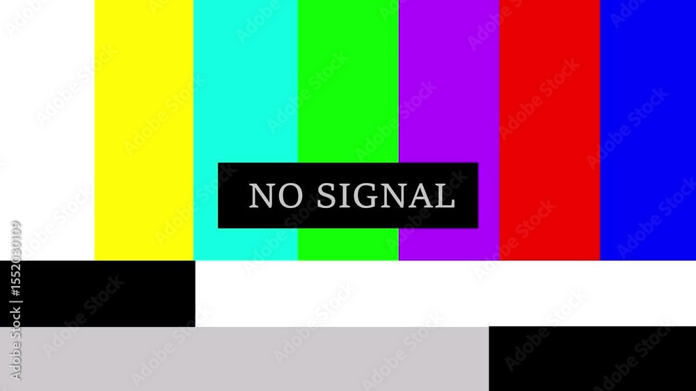 Retro broadcast color bars screen with no signal message depicting technical issues and television failure