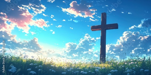 Cross stands tall in a lush field under a vibrant sky filled with clouds during golden hour