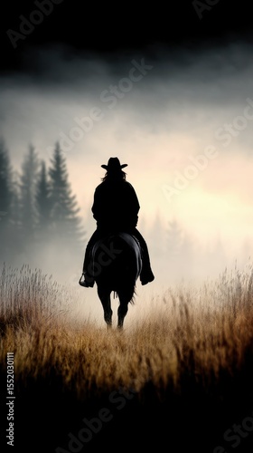 Rider on horseback journeys through misty landscape at dawn with trees in background