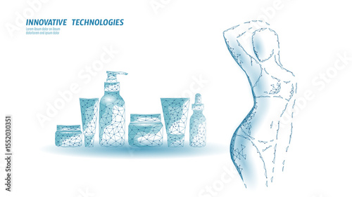 Cosmetic product set with female body outline. Skincare beauty treatments polygon polygonal graphic. Wellness spa health lifestyle fashion. Light blue vector on white