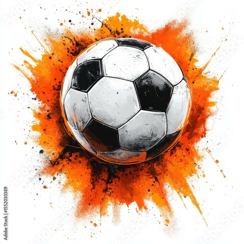 Bright soccer ball with splashes of orange paint in dynamic motion captured during an energetic sports activity