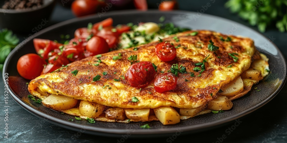 Delicious vegetable and potato omelet served with fresh cherry tomatoes and herbs in a stylish plate Delicious vegetable and potato omelet served with fresh cherry tomatoes and herbs in a stylish plate