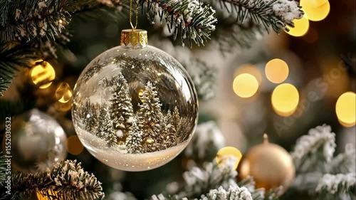 Christmas tree toy in the form of a beautiful transparent ball hanging on a dark green lush Christmas tree