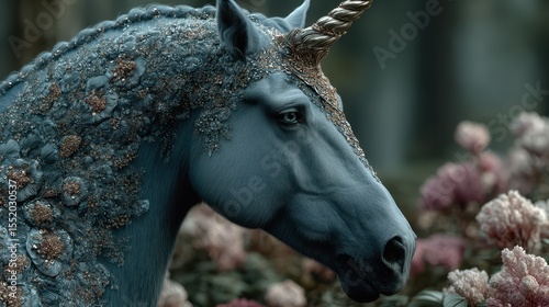 Magical blue unicorn with decorative flowers in a mystical forest during twilight hours