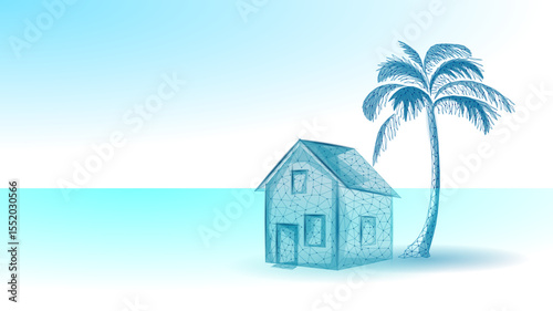 House with palm tree concept. Home near tropical plant beach resort illustration in wireframe style. Real estate vacation holiday summer advertisement. Blue gradient background low poly vector