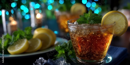 Refreshing iced tea with mint and lemon served at a cozy evening gathering