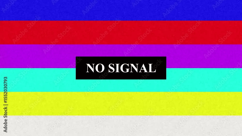 A classic television test pattern displaying no signal message with vibrant color bands and static noise overlay