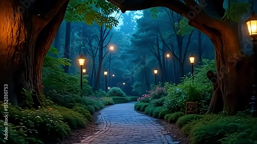 Serene Evening Stroll Romantic Garden Path Lit by Antique Lamps